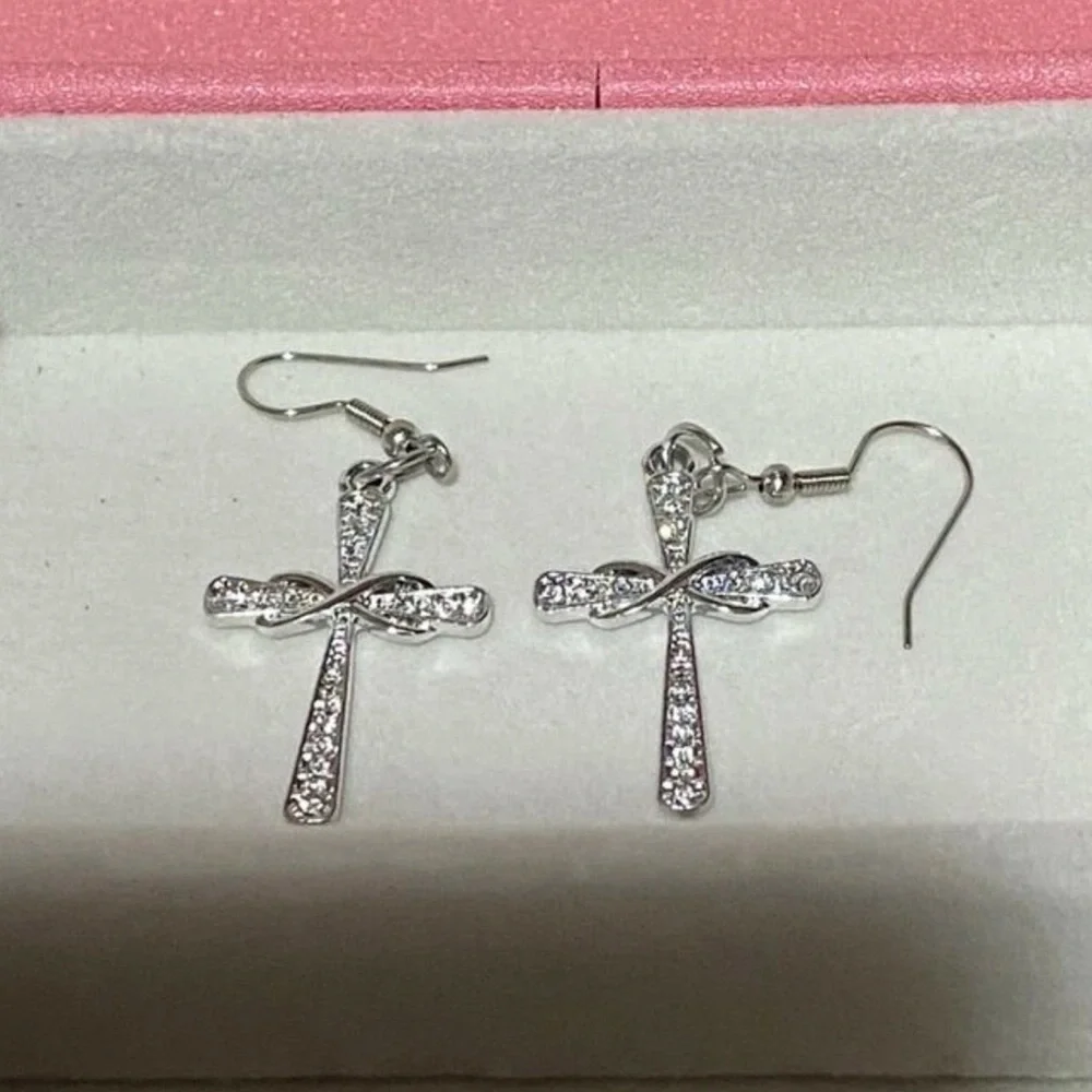 New Woman’s Sterling Silver Infinity Crucifix Cross White Sapphire Earrings